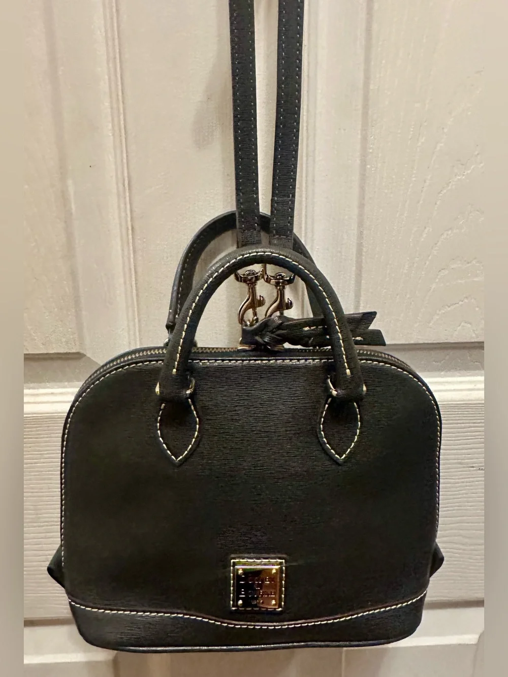 Dooney & Bourke Black Leather Dome Satchel with Crossbody Strap